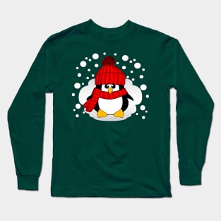 Christmas Boy Penguin with Red Hat and Scarf Long Sleeve T-Shirt